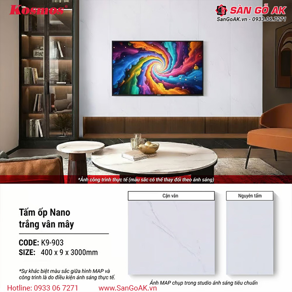 Tấm ốp Nano chân kép 9mm Kosmos K9-903 trắng vân mây