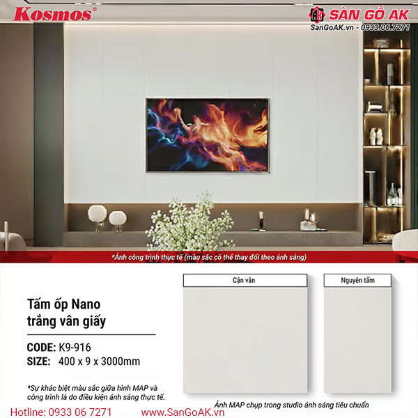 Tấm ốp Nano chân kép 9mm Kosmos K9-916 trắng vân giấy
