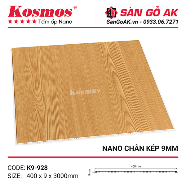 Tấm ốp Nano chân kép 9mm Kosmos K9-928 vân gỗ vàng đậm