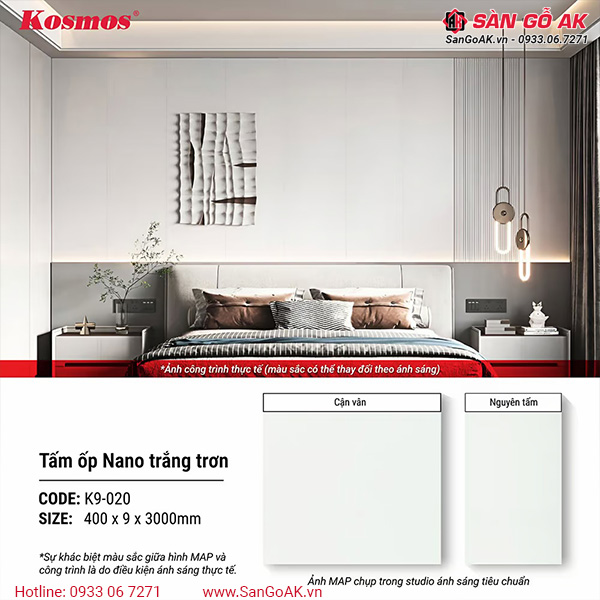 Tấm ốp Nano chân kép 9mm Kosmos K9-020 màu trắng trơn
