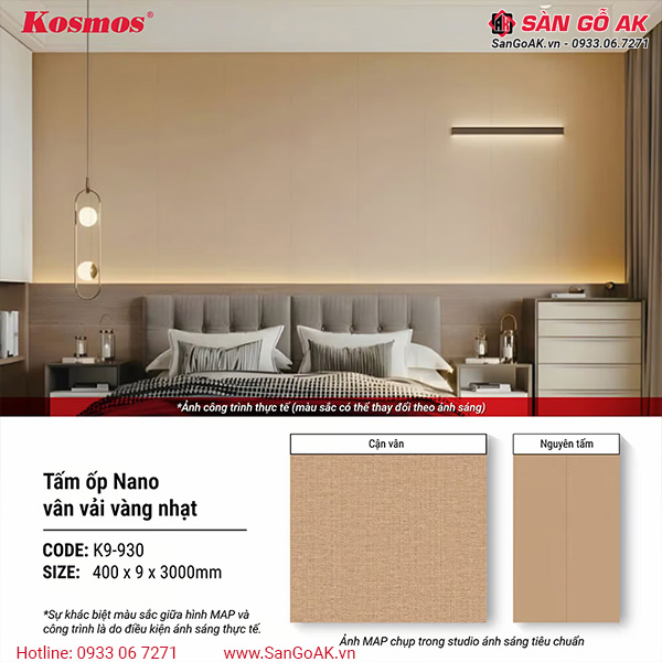 Tấm ốp Nano chân kép 9mm Kosmos K9-930 vân vải vàng nhạt