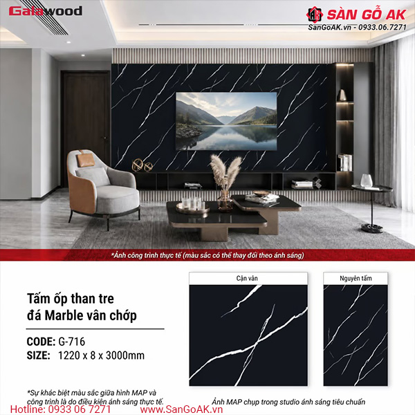 Tấm ốp than tre đá marble đen vân chớp Galawood G-716