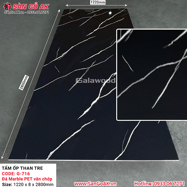 Tấm ốp than tre đá marble đen vân chớp Galawood G-716