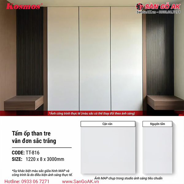 Tấm ốp than tre Kosmos đơn sắc trắng TT-816