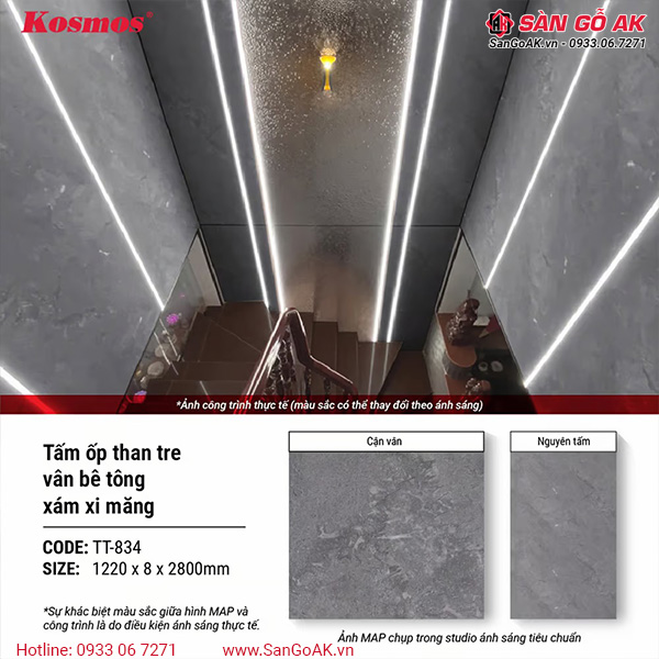 Tấm ốp than tre Kosmos vân bê tông xi măng xám TT-834