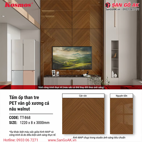 Tấm ốp than tre Kosmos vân gỗ xương cá nâu walnut PET TT-868