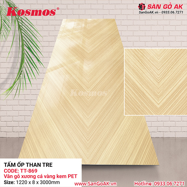 Tấm ốp than tre Kosmos vân gỗ xương cá vàng kem PET TT-870
