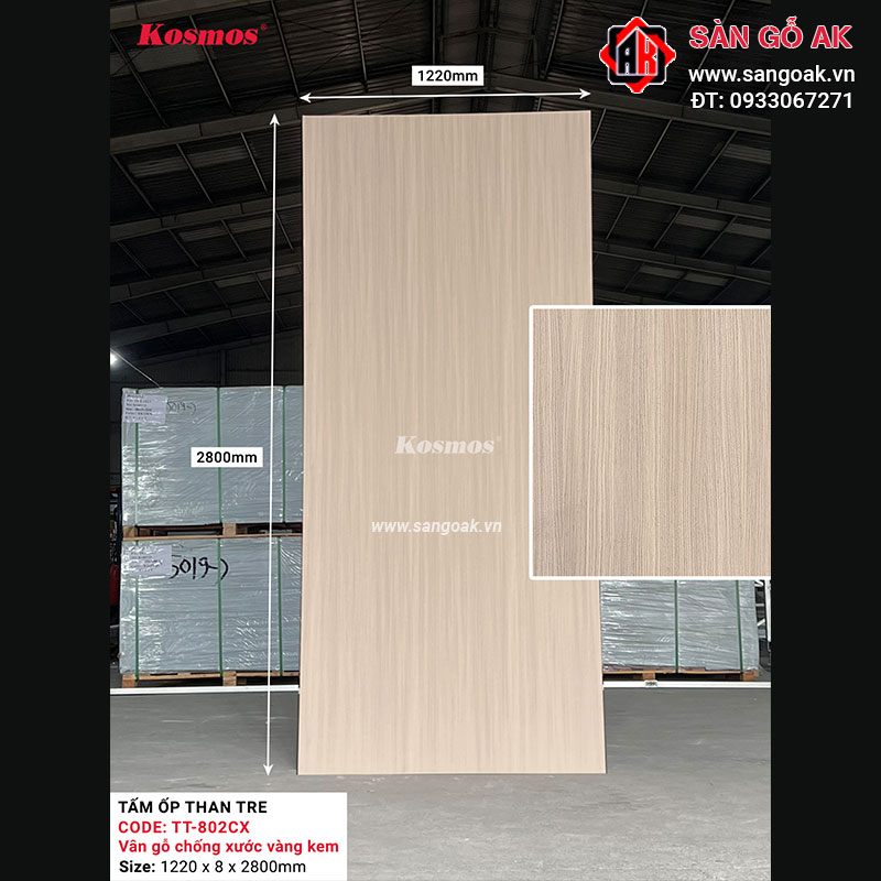 Tấm ốp than tre Kosmos vân gỗ chống xước vàng kem TT-802CX