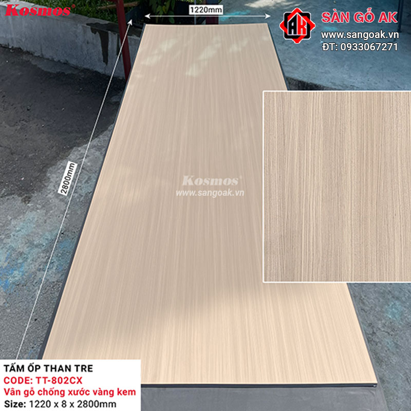 Tấm ốp than tre Kosmos vân gỗ chống xước vàng kem TT-802CX
