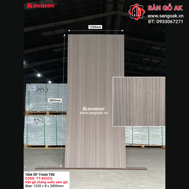 Tấm ốp than tre Kosmos vân gỗ chống xước xám ghi TT-803CX
