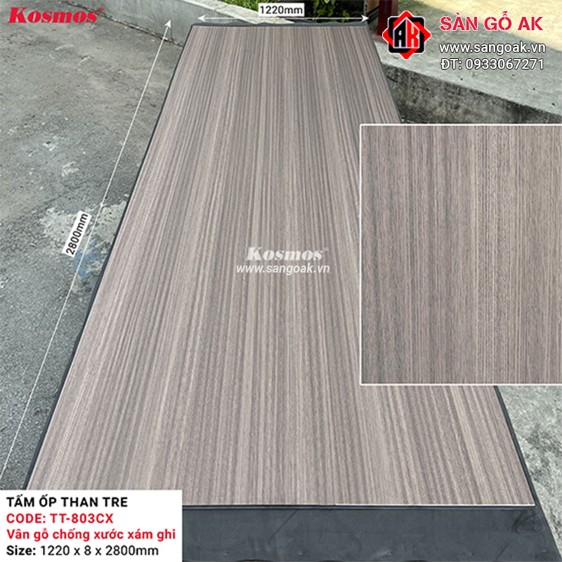 Tấm ốp than tre Kosmos vân gỗ chống xước xám ghi TT-803CX