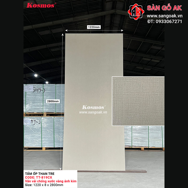 Tấm ốp than tre Kosmos vân vải chống xước vàng ánh kim TT-819CX