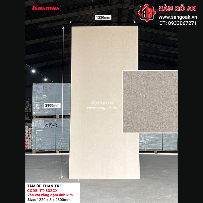 Tấm ốp than tre Kosmos vân vải chống xước vàng đậm ánh kim TT-832CX