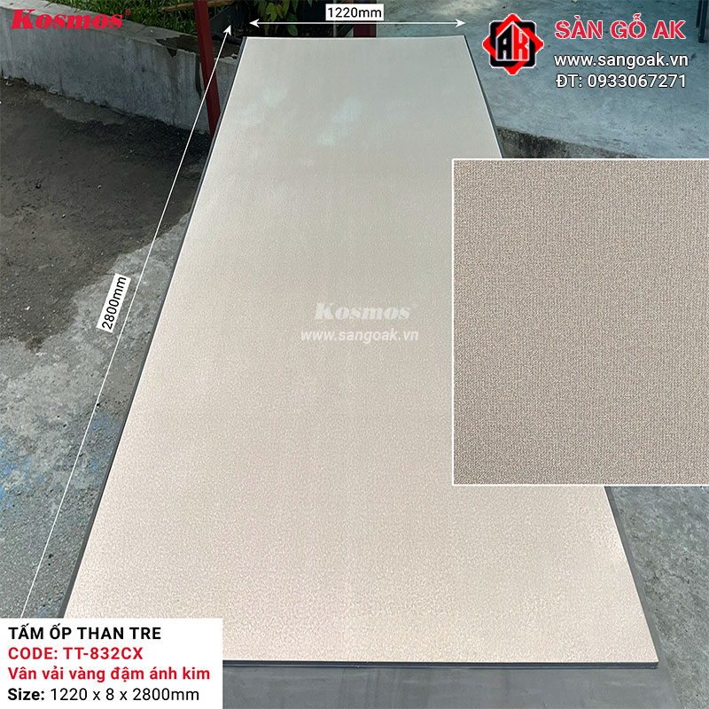 Tấm ốp than tre Kosmos vân vải chống xước vàng đậm ánh kim TT-832CX