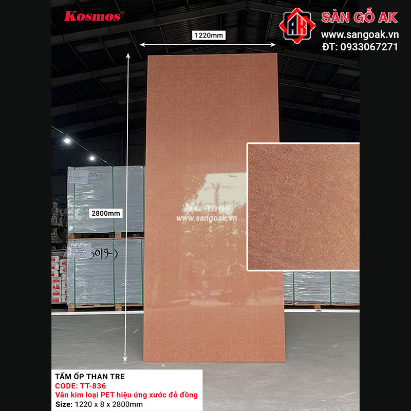 Tấm ốp than tre Kosmos vân kim loại PET hiệu ứng xước đỏ đồng TT-836