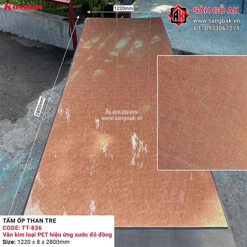 Tấm ốp than tre Kosmos vân kim loại PET hiệu ứng xước đỏ đồng TT-836