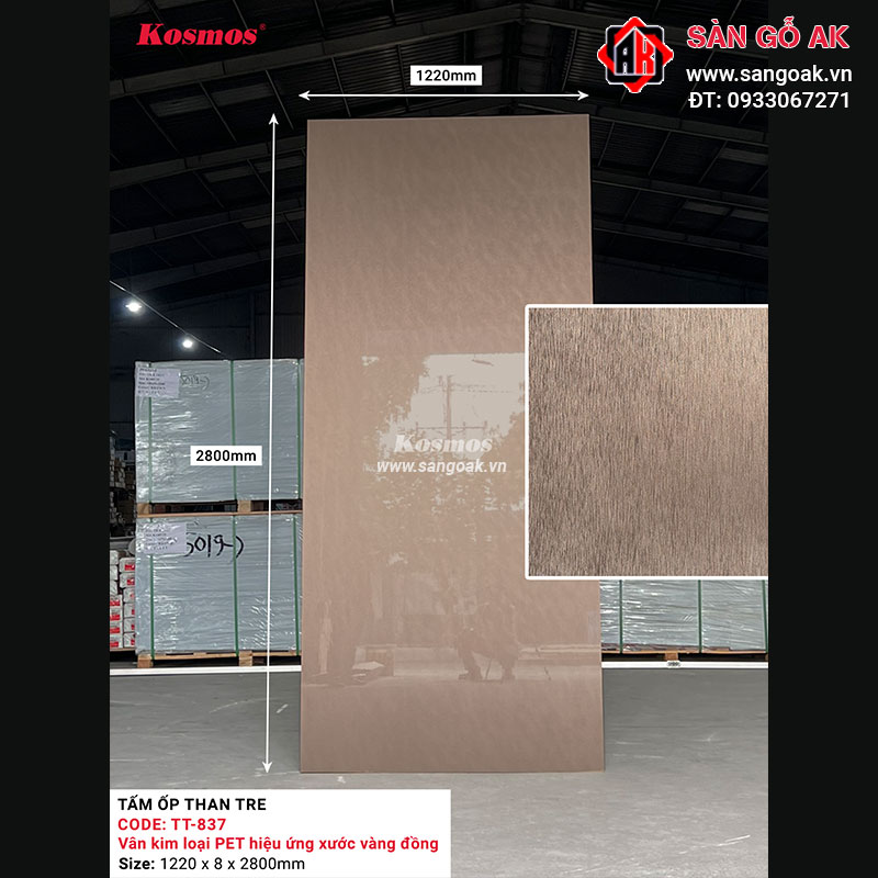 Tấm ốp than tre Kosmos vân kim loại PET hiệu ứng xước vàng đồng TT-837