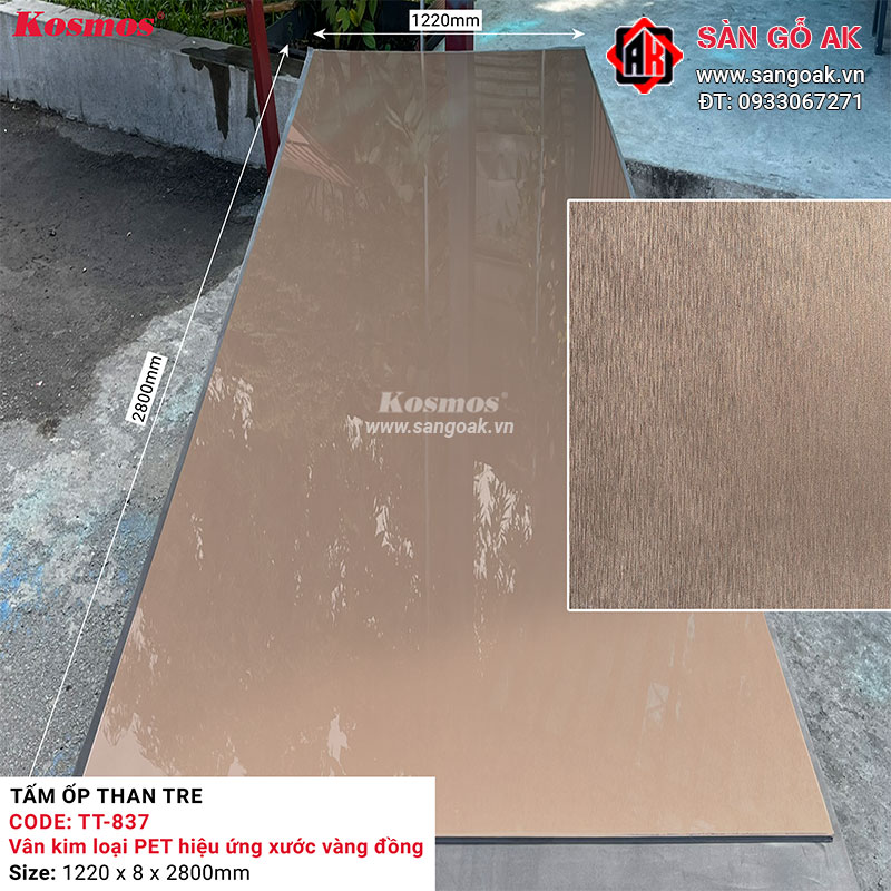 Tấm ốp than tre Kosmos vân kim loại PET hiệu ứng xước vàng đồng TT-837