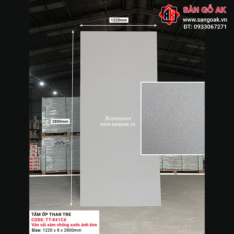 Tấm ốp than tre Kosmos vân vải chống xước xám ánh kim TT-841CX