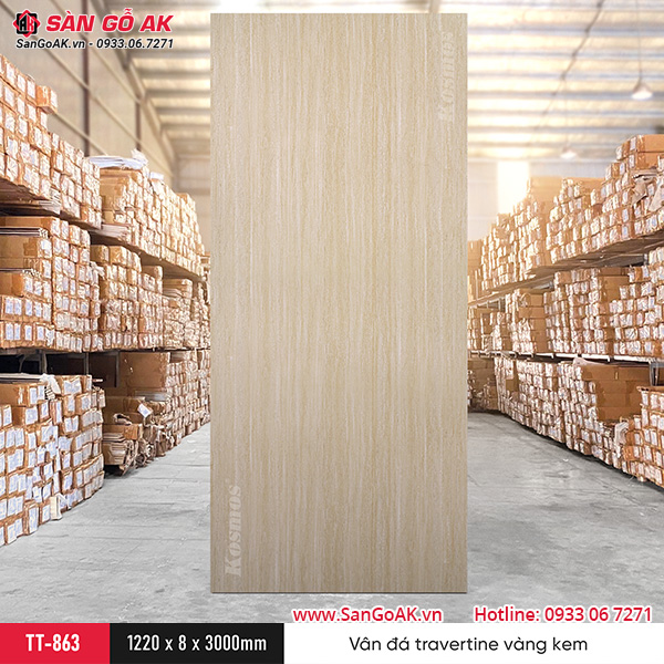 Tấm ốp than tre Kosmos vân đá travertine vàng kem TT-863