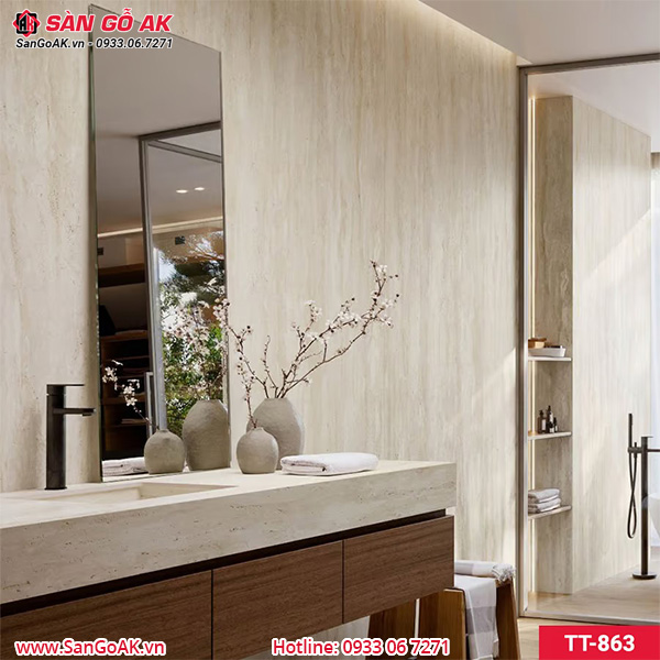 Tấm ốp than tre Kosmos vân đá travertine vàng kem TT-863