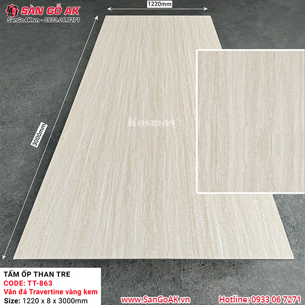 Tấm ốp than tre Kosmos vân đá travertine vàng kem TT-863