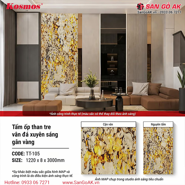 Tấm ốp than tre Kosmos vân đá PET xuyên sáng gân vàng TT-105