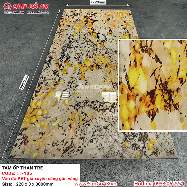 Tấm ốp than tre Kosmos vân đá PET xuyên sáng gân vàng TT-105
