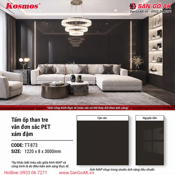 Tấm ốp than tre Kosmos vân đơn sắc PET xám đậm TT-873