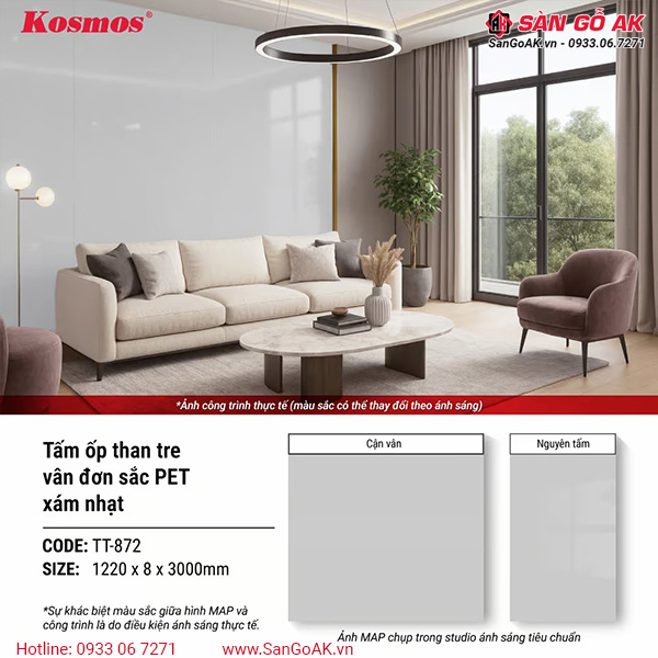 Tấm ốp than tre Kosmos vân đơn sắc PET xám nhạt TT-872