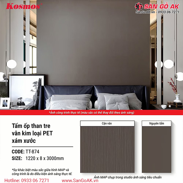 Tấm ốp than tre Kosmos vân kim loại PET xám xước TT-874