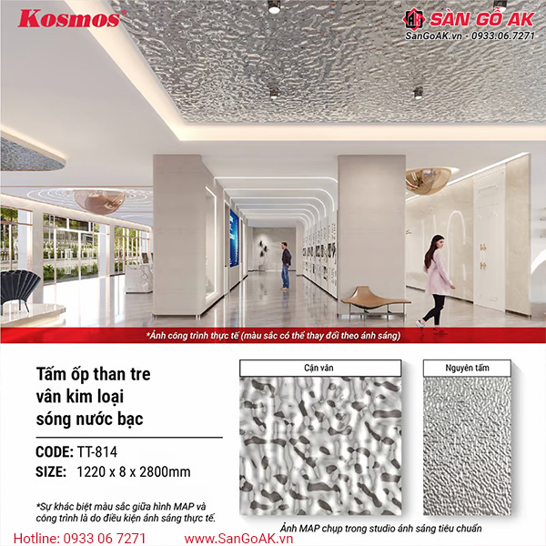 Tấm ốp than tre Kosmos sóng nước PET bạc TT-814