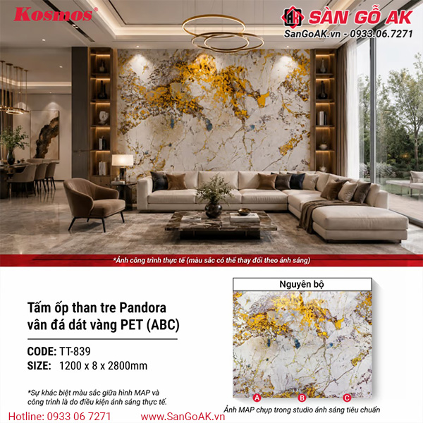 Tấm ốp than tre Pandora vân đá dát vàng PET Kosmos TT-839