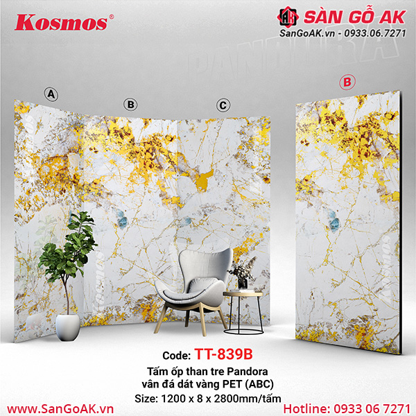 Tấm ốp than tre Pandora vân đá dát vàng PET Kosmos TT-839