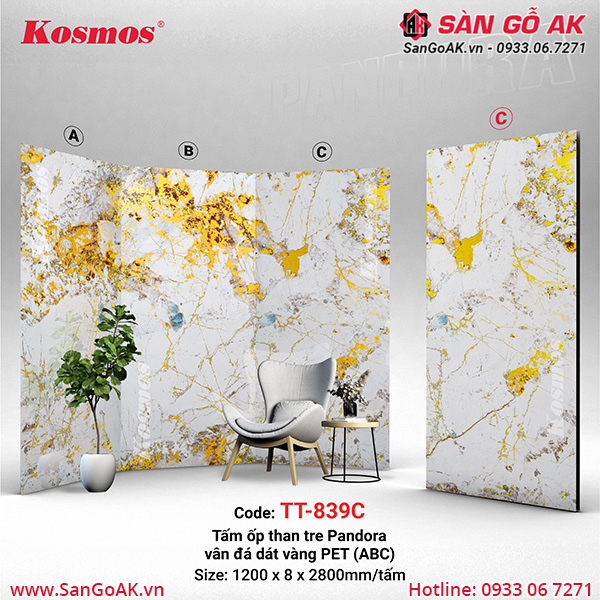 Tấm ốp than tre Pandora vân đá dát vàng PET Kosmos TT-839