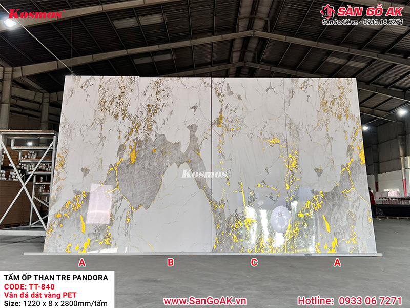 Tấm ốp than tre Pandora vân đá dát vàng PET Kosmos TT-840