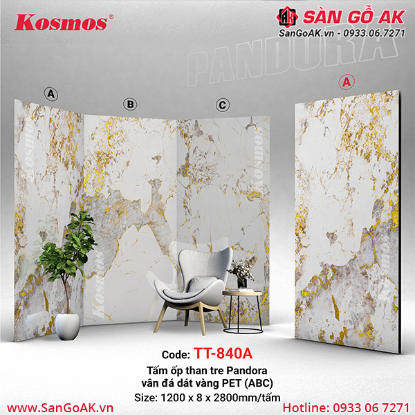 Tấm ốp than tre Pandora vân đá dát vàng PET Kosmos TT-840