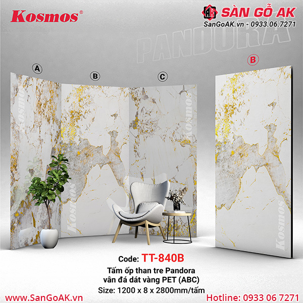 Tấm ốp than tre Pandora vân đá dát vàng PET Kosmos TT-840