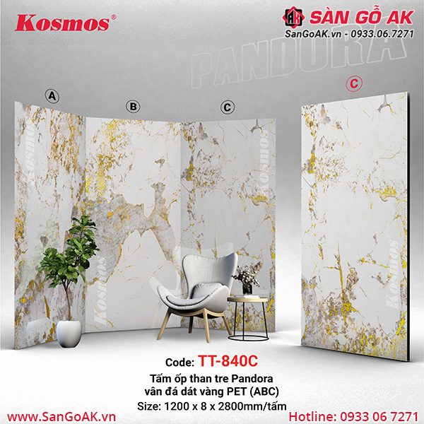 Tấm ốp than tre Pandora vân đá dát vàng PET Kosmos TT-840