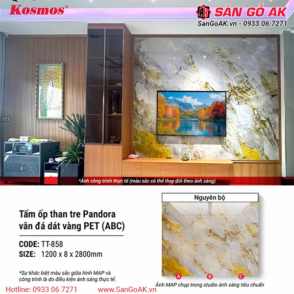 Tấm ốp than tre Pandora vân đá dát vàng PET Kosmos TT-858