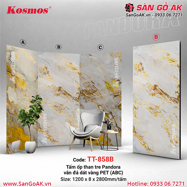 Tấm ốp than tre Pandora vân đá dát vàng PET Kosmos TT-858