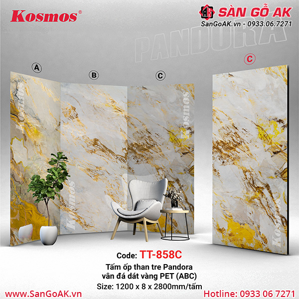 Tấm ốp than tre Pandora vân đá dát vàng PET Kosmos TT-858