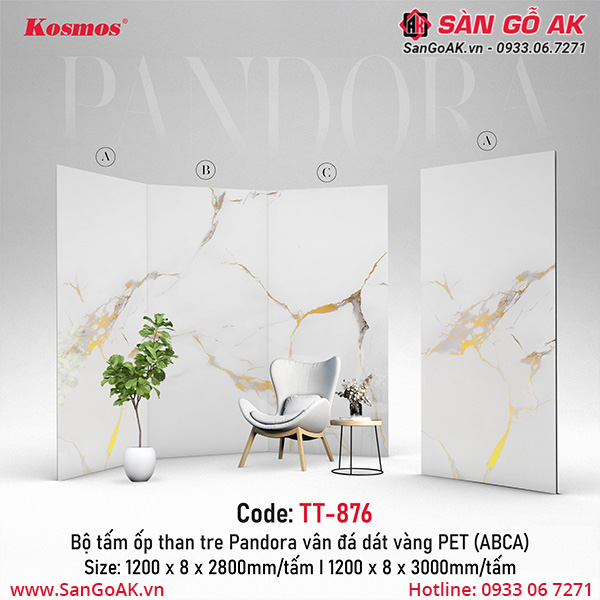 Tấm ốp than tre Pandora vân đá dát vàng PET Kosmos TT-876