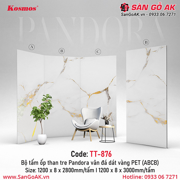 Tấm ốp than tre Pandora vân đá dát vàng PET Kosmos TT-876