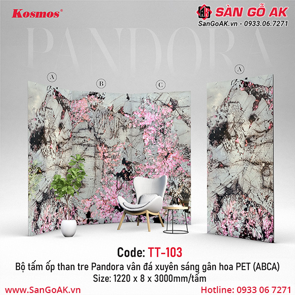 Tấm ốp than tre Pandora PET vân đá giả xuyên sáng gân hoa Kosmos TT-103