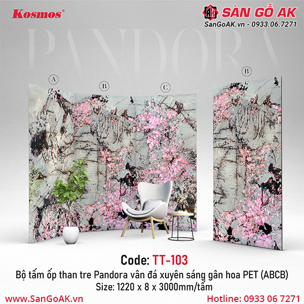 Tấm ốp than tre Pandora PET vân đá giả xuyên sáng gân hoa Kosmos TT-103