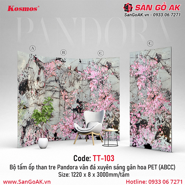 Tấm ốp than tre Pandora PET vân đá giả xuyên sáng gân hoa Kosmos TT-103
