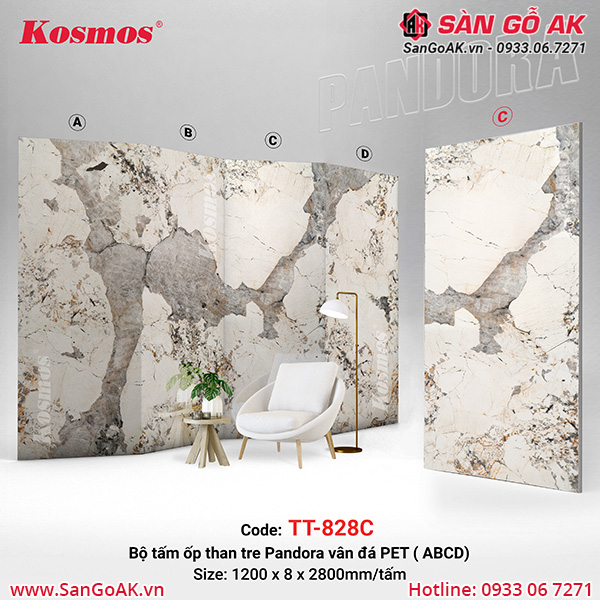 Tấm ốp than tre Pandora vân đá PET Kosmos TT-828
