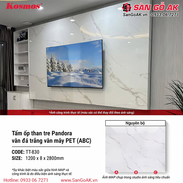 Tấm ốp than tre Pandora Kosmos PET TT-830 vân đá trắng vân mây