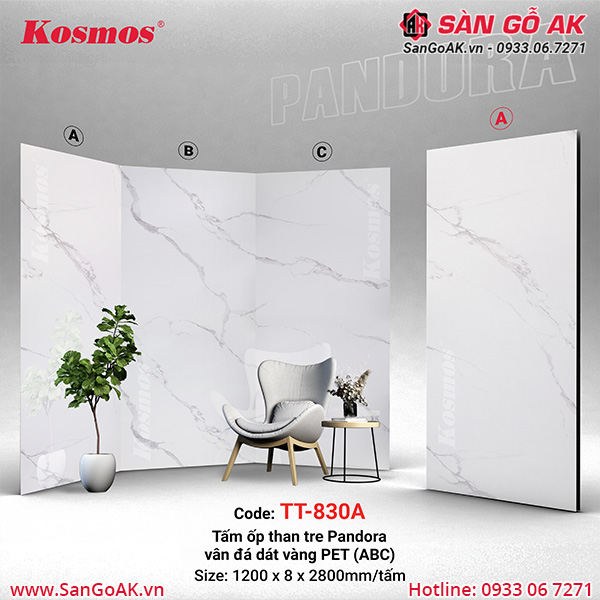 Tấm ốp than tre Pandora Kosmos PET TT-830 vân đá trắng vân mây